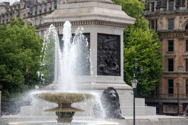 Londra, Trafalgar Meydanı 'ndaki aslan heykeli ve çeşmenin yakın çekimi. İkonik mimari ve heykel.