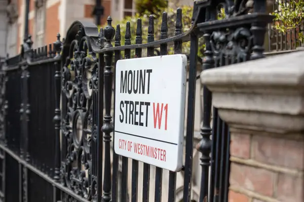 Westminster, Londra 'daki dekoratif dövmeli demir çitin üzerindeki Mount Street tabelasının yakın çekimi..
