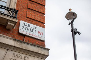 Londra, İngiltere 'de klasik bir lamba direği olan tuğla bir binadaki Harley Caddesi tabelası..