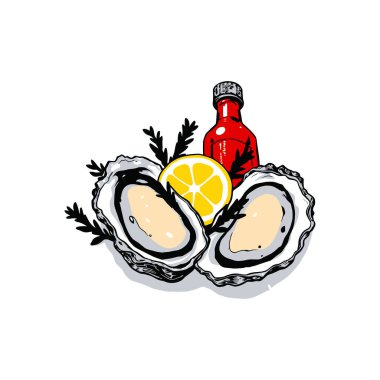 Yarım kabuklu taze çiğ istiridye ve limon dilimi acı sos ve gurme deniz ürünleri menü tasarımı için vektör çizimi.