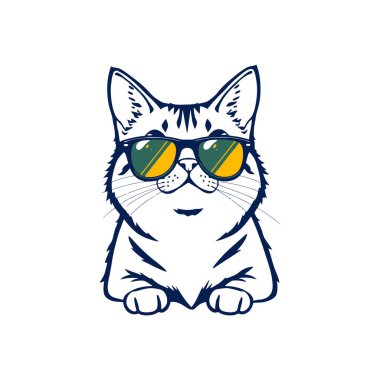Güneş gözlüğü takan havalı bir kedi. Kendine güvenen bir tavrı var. Şık bir vektör çizimi.