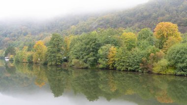 Almanya 'daki Lahn Nehri' nde Misty Trees aynası var. Yüksek kalite fotoğraf