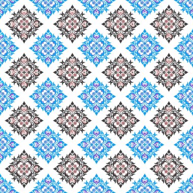 Soyut süs eşyasıyla kusursuz desen. Mavi ve beyaz renklerde klasik beyaz süs. Duvar kağıtları, şablon arkaplanı, tekstil, kumaş, tekstil için tekrarlanan ögeler