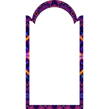 Beyaz zemin üzerinde izole edilmiş, mor ve beyaz desenli boş bir kapının 3 boyutlu bir çizimi.