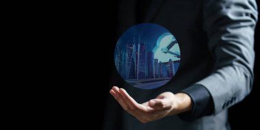 İş adamı el dokunuşu simgesi sanal ekranda kopyalama alanı, teknoloji, internet ve iş konsepti ile