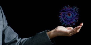 İş adamı elinde iş sembollü dijital tablet tutuyor. karışık ortam