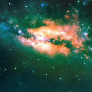 Nebulası olan ve uzayda yıldızları olan bir galaksi. Bu görüntünün unsurları Nasa tarafından desteklenmektedir.