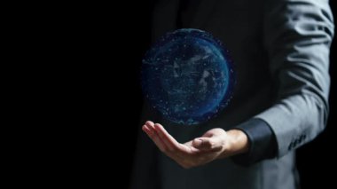 Gezegeni elinde tutan iş adamı. karışık ortam