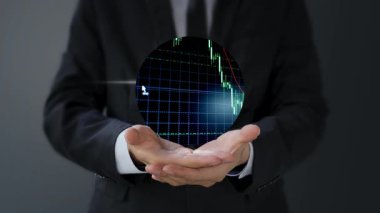 Sanal bir simge, iş ve teknoloji arkaplanı tutan iş adamı