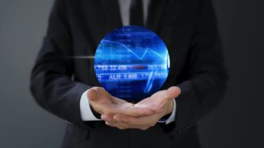 Dünya simgesi 3 boyutlu modern dijital tablet kullanan iş adamı