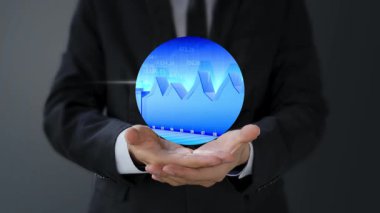 Sanal ekran ile hazırlanmış 3 boyutlu bir küre tutan iş adamı