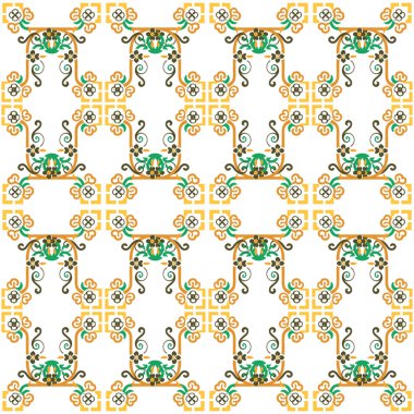 Beyaz zemin üzerinde altın elementlerle kusursuz vintage desen.