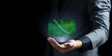 Siyah arkaplan üzerindeki küresel ağ ve veri bağlantısı konseptinin iş simgesine dokunmak