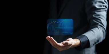 Sanal ikona sahip iş adamı eli, dijital teknoloji kavramı