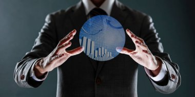 Elinde mavi grafiği olan bir balon tutan iş adamı. İş ve finans kavramı. 3 Boyutlu Hazırlama.