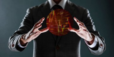 Ofiste küresel bağlantı yapısına sahip dijital tablet taşıyan işadamı, 3D