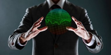 Dünya 'yı tutan iş adamlarına yakın çekim ve parlak soyut kavram. 3 Boyutlu Hazırlama.