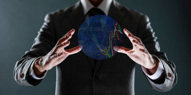 Takım elbiseli işadamının elinde borsa çizelgesi var. 3d oluşturma