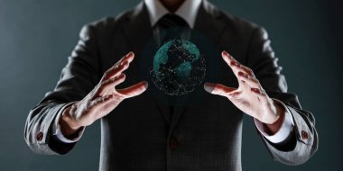 Küresel bağlantı küresi 3D 'ye sahip iş adamı