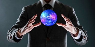 Dünya küresi tutan bir iş adamı. 3 boyutlu.