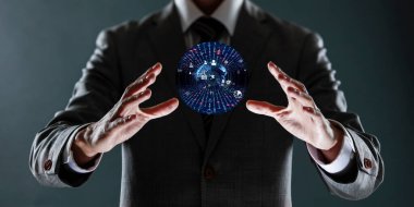 küresel ağ bağlantısı. Modern ağı elinde tutan bir iş adamı. 3d oluşturma