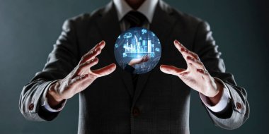 Dijital küreye ve sosyal ağ bağlantı konseptine sahip iş adamı 3 boyutlu görüntüleme