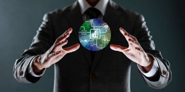 İş ve finans, teknoloji konsepti, iş adamı işinin bir sembolünü gösteriyor.