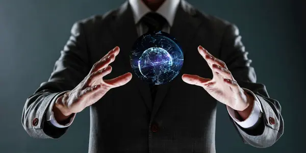 Takım elbiseli iş adamına ve sanal gerçeklik kavramına yakından bakmak. 3d oluşturma