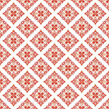 Kırmızı ve beyaz süs. Kusursuz desen, tekstil, duvar kağıdı, tasarım.