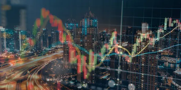 Forx Grafik ve Mali Şehir Manzarası 'nın arka planına çifte maruz kalma. kavram konsepti.