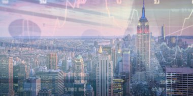 Yüksek binalar arka plan çift pozlama ile gece şehir scape mali grafik. Analiz kavramı.