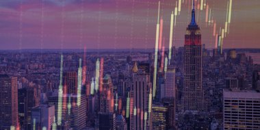 Finansal analiz için finans ve finansal konsepte sahip borsa çizelgesi ve ticaret görünümü.