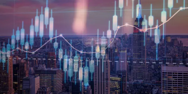 Gökdelenler üzerinde ön x çizelgesine çift pozlama. Başarı pazarı kavramı