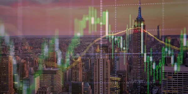 Los Angeles şehrinin arka plan, finans ve ticaret kavramlarındaki ufuk çizgisi ile soyut yaratıcı finansal grafiğe çifte maruz kalma