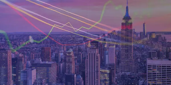 Şehir silueti olan borsa grafiği