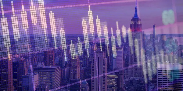 Yüksek binalar arka plan çift pozlama ile gece şehir scape mali grafik. Analiz kavramı.