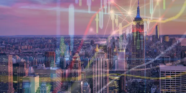 Yüksek binalarla şehir manzarasının finansal grafiği, arka planda iki kez gösteriliyor. analiz kavramı.