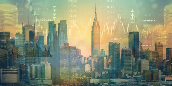 Gökdelenler, duvar kağıtları ve çoklu pozlama ile şehir manzarasının eski çizelgesi. Finansal araştırma kavramı.