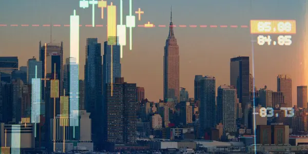 Şehir manzarası geçmişi, mali strateji ve araştırma konsepti üzerine soyut yaratıcı finansal grafiğin iki katına çıkarılması