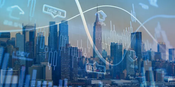 Şehir manzarası ve şehir manzarasının finansal tablosuna iki kez maruz kalmışsın. Başarı kavramı. araştırma