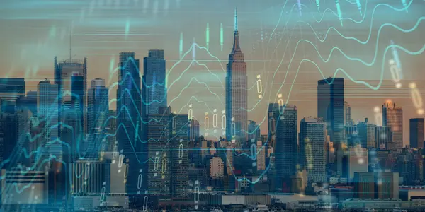 Finansal temalı hologram çiziminin ve şehrin arka planının iki katına çıkarılması. pazar araştırması ve.