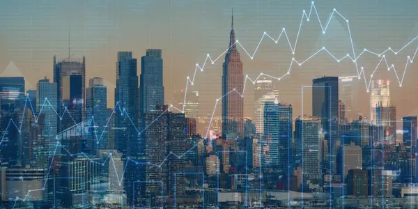 Şehrin arka planında ön x grafik hologramına çift pozlama. Hisse senedi. araştırma