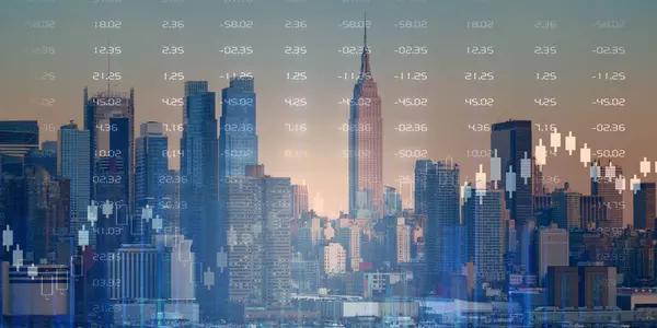 Gökdelenler arka planda çift pozlama ile şehir görünümünde eski grafik. Mali analiz kavramı.