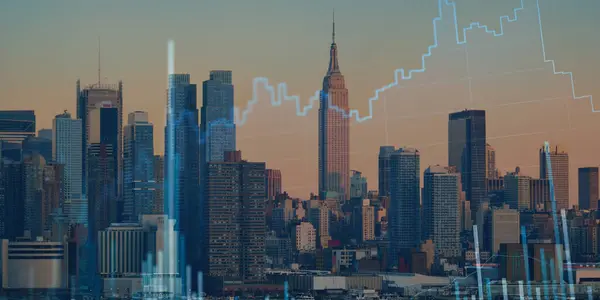 Bir gökdelen arka planı, ön plan ve finansal konsept üzerine hisse senedi ticareti kavramı.