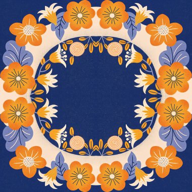 Çiçekli, çiçeksiz desen. Soyut el çizimi çizimi. Tekstil, kumaş, ambalaj kağıdı, duvar kağıdı. mavi, turuncu, turuncu.