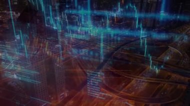 soyut teknoloji ve iş konsepti gece şehri üzerinde ışık efektleri ile