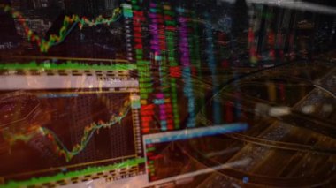 Gökdelenler arka planda çift pozlama ile şehir görünümünde eski grafik. Mali analiz kavramı.