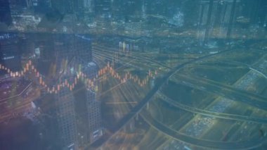 Yüksek binalar arka plan çift pozlama ile gece şehir scape mali grafik. Analiz kavramı.