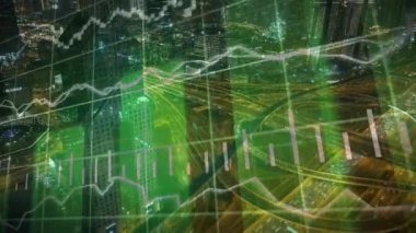 yeşil arkaplana karşı şehir ve grafiklerle birlikte iş grafiğinin dijital kompozit görüntüsü