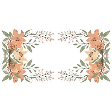 Yapraklı çiçek çerçevesi ve çiçek vektör illüstrasyon tasarımı